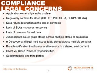 - 13 -
LEGAL CONCERNS
COMPLIANCE
 Application ownership can be unclear
 Regulatory controls for cloud (HITECT, PCI, GLBA, FERPA, HIPAA)
 Data return/destruction at the end of contracts
 Lack of SLA’s – slow or no service
 Lack of recourse for lost data
 Jurisdictional issues (data stored across multiple states or countries)
 e-Discovery and legal hold issues (data stored across multiple servers)
 Breach notification timeframes and forensics in a shared environment
 Client vs. Cloud Provider responsibilities
 Subcontracting and third parties
 