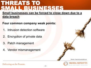 - 24 -
SMALL BUSINESSES
THREATS TO
Small businesses can be forced to close down due to a
data breach
Four common company weak points:
1. Intrusion detection software
2. Encryption of private data
3. Patch management
4. Vendor mismanagement
Source: PropertyCasualty360.com
 