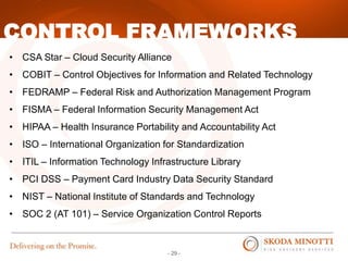 - 29 -
CONTROL FRAMEWORKS
• CSA Star – Cloud Security Alliance
• COBIT – Control Objectives for Information and Related Technology
• FEDRAMP – Federal Risk and Authorization Management Program
• FISMA – Federal Information Security Management Act
• HIPAA – Health Insurance Portability and Accountability Act
• ISO – International Organization for Standardization
• ITIL – Information Technology Infrastructure Library
• PCI DSS – Payment Card Industry Data Security Standard
• NIST – National Institute of Standards and Technology
• SOC 2 (AT 101) – Service Organization Control Reports
 