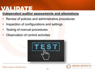 - 32 -
VALIDATE
Independent auditor assessments and attestations
• Review of policies and administrative procedures
• Inspection of configurations and settings
• Testing of manual procedures
• Observation of control activities
 