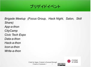 ブリゲイドイベント 
Brigade Meetup　(Focus Group,　Hack Night,　Salon,　Skill 
Share) 
App-a-thon 
CityCamp 
Civic Tech Expo 
Data-a-thon 
Hack-a-thon 
Icon-a-thon 
Write-a-thon 
Code for Japan. Content is licensed through 
Creative Commons.フッター 
 