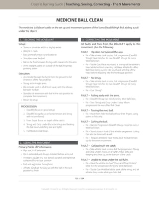 MEDICINE BALL CLEAN
The medicine ball clean builds on the set up and movement pattern of the Sumo Deadlift High Pull adding a pull
under the object.
1.	 TEACHING THE MOVEMENT
Setup:
•	 Stance = shoulder width or slightly wider
•	 Weight in heels
•	 Back arched/lumbar curve locked in
•	 Shoulders over the ball
•	 Ball on the floor between the legs with clearance for the arms
•	 Arms straight, palms on outside of the ball; fingertips
pointing down
Execution:
•	 Accelerate through the heels from the ground to full
extension of the hips and legs
•	 Shrug, with straight arms
•	 Hip retreats; land in a full front squat, with the elbows
beneath the ball
•	 Stand to full extension with ball in the rack position to
complete the movement
•	 Return to setup
2.	 SEEING THE MOVEMENT
Primary Points of Performance:
•	 Hips reach full extension
•	 Hip is extended and shrug is initiated before arms pull
•	 The ball is caught in a low (below parallel) and tight (not
collapsed) front squat position
•	 Fast and aggressive throughout
•	 Athlete stands all the way up with the ball in the rack
position to finish
PROGRESSION:
1.	 Deadlift (focus on good setup)
2.	 Deadlift Shrug (focus on fast extension and shrug
with no arm bend)
3.	 Front Squat (focus on depth of the catch)
4.	 Shrug and Drop Under (focus on shrug and beating
the ball down, catching low and tight)
5.	 Full Medicine Ball Clean
3.	 CORRECTING THE MOVEMENT
All faults and fixes from the DEADLIFT apply to this
movement, plus the following:
FAULT – Hip does not open all the way.
•	 Fix – Take athlete back to step 2 of progression (Deadlift
Shrug). Have him/her do two Deadlift Shrugs for every
Med Ball Clean.
•	 Fix – Tactile Cue: Place your hand at the top of the athlete’s
head while he/she is standing tall. Have athlete do a Med
Ball Clean being sure to hits your hand with top of the
head before dropping into the front squat position.
FAULT – No shrug.
•	 Fix – Take athlete back to step 2 of progression (Deadlift
Shrug). Have him/her do two Deadlift Shrugs for every
Med Ball Clean.
•	 Fix – Cue “Shrug!”
FAULT – Pulling early with the arms.
•	 Fix – Deadlift Shrug, two reps for every Med Ball Clean.
•	 Fix – Two “Shrug and Drop Unders” (step 4 from
progression) for every Med Ball Clean
FAULT – Tossing the med ball.
•	 Fix – Have them hold the ball without their fingers, using
palms or fists only.
FAULT – Curling the ball.
•	 Fix – Back to Progression: Deadlift Shrug, 2 reps for every 1
Med Ball Clean.
•	 Fix – Stand close in front of the athlete too prevent curling.
Can also be done with a wall.
•	 Fix – Require athlete to have the laces of the ball remain
up for the entire movement.
FAULT – Collapsing in the catch
•	 Fix – Take athlete back to step 4 of the progression (Shrug
and Drop Under). Focus on a tight lumbar arch, and
keeping the chest up, at the bottom of the catch.
FAULT – Unable to drop under the ball fully.
•	 Fix – Have the athlete do two “Shrug and Drop Unders”
(step 4 in the progression) for every Med Ball Clean
•	 Fix – Tactile Cue: Hold ball at the peak of the shrug and let
athlete drop under while you hold ball.
121 of 124
Copyright © CrossFit, Inc. All Rights Reserved. CrossFit is a registered trademark ‰ of CrossFit, Inc.
CrossFit Training Guide | Teaching, Seeing, Correcting - The 9 Movements
 
