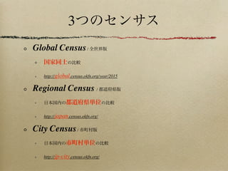 3つのセンサス
Global Census/ 全世界版
国家同士の比較
http://global.census.okfn.org/year/2015
Regional Census / 都道府県版
日本国内の都道府県単位の比較
http://japan.census.okfn.org/
City Census/ 市町村版
日本国内の市町村単位の比較
http://jp-city.census.okfn.org/
 
