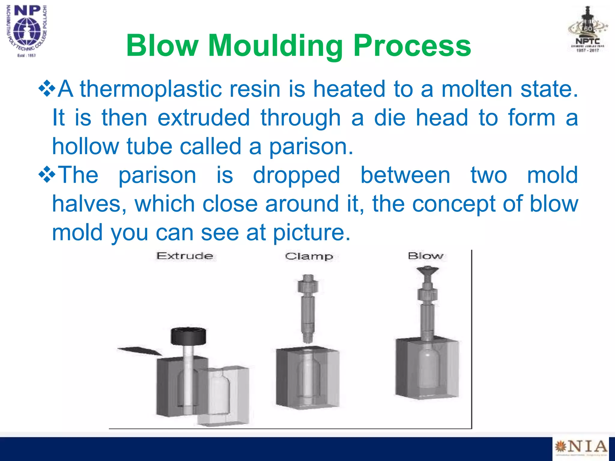Blow Moulding Process
A thermoplastic resin is heated to a molten state.
It is then extruded through a die head to form a
hollow tube called a parison.
The parison is dropped between two mold
halves, which close around it, the concept of blow
mold you can see at picture.
 