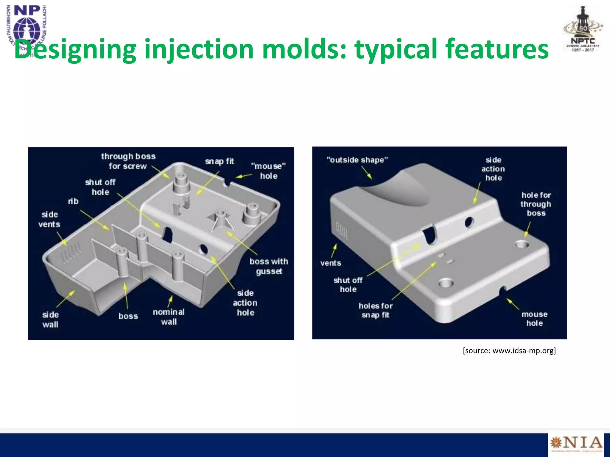 Designing injection molds: typical features
[source: www.idsa-mp.org]
 