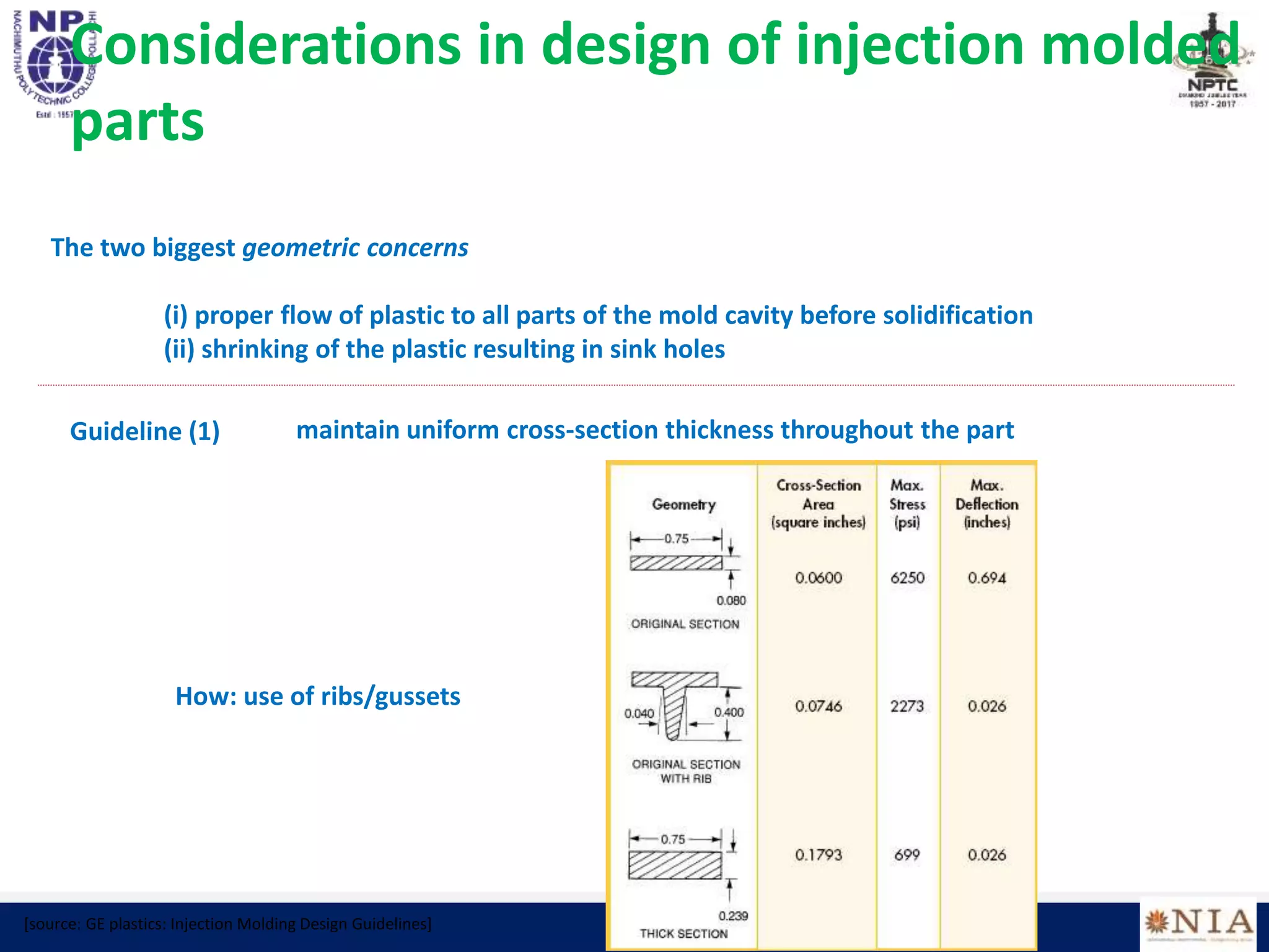 Considerations in design of injection molded
parts
The two biggest geometric concerns
(i) proper flow of plastic to all parts of the mold cavity before solidification
(ii) shrinking of the plastic resulting in sink holes
Guideline (1) maintain uniform cross-section thickness throughout the part
How: use of ribs/gussets
[source: GE plastics: Injection Molding Design Guidelines]
 