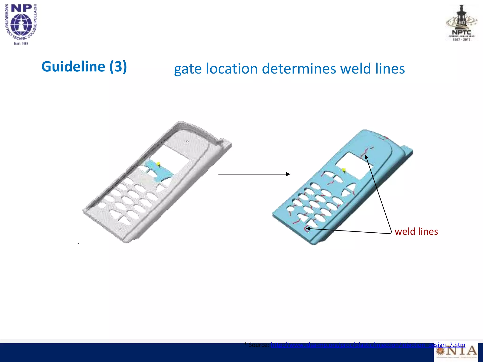 Guideline (3) gate location determines weld lines
weld lines
* Source: http://www.idsa-mp.org/proc/plastic/injection/injection_design_7.htm
 