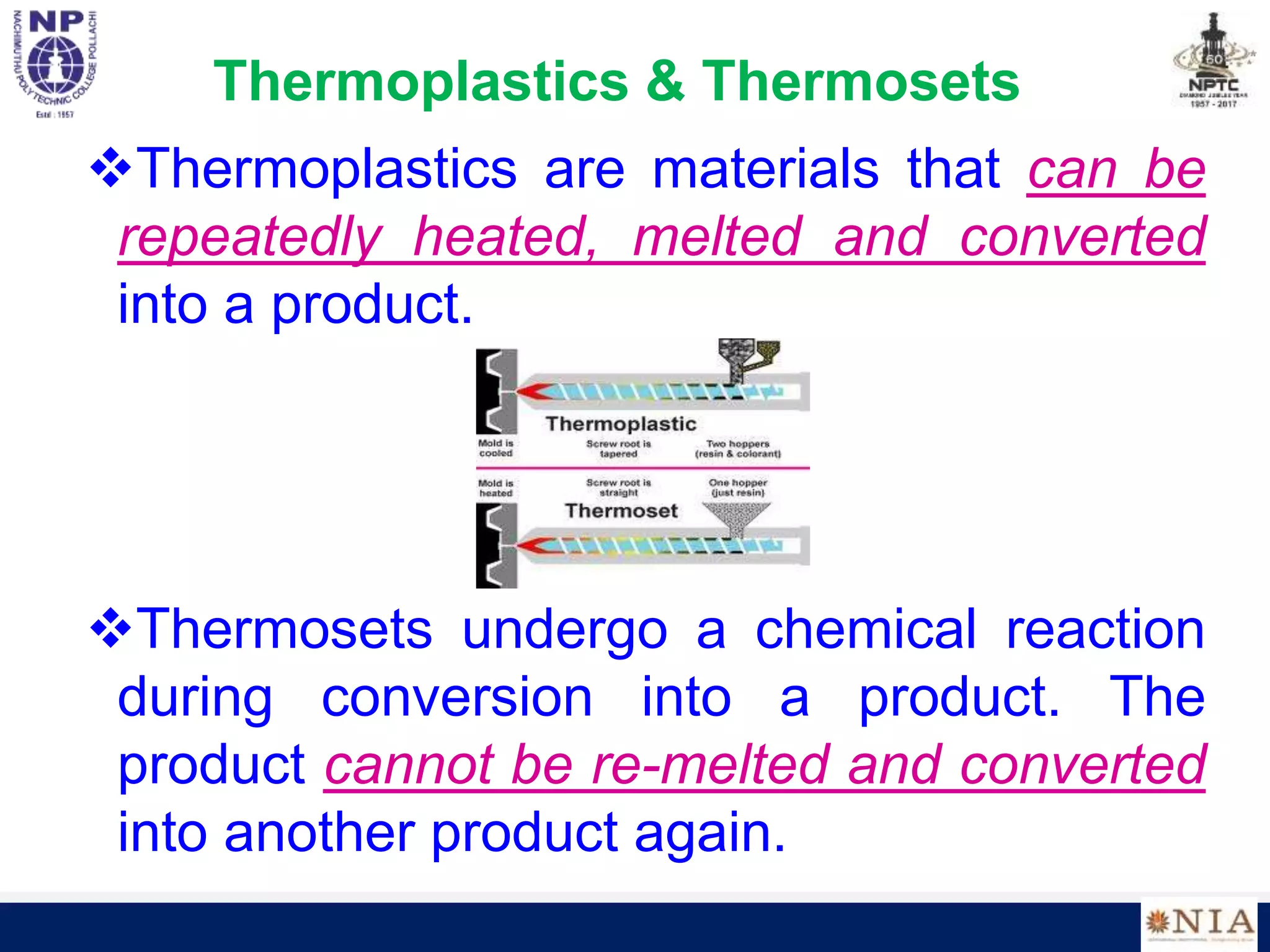 Thermoplastics & Thermosets
Thermoplastics are materials that can be
repeatedly heated, melted and converted
into a product.
Thermosets undergo a chemical reaction
during conversion into a product. The
product cannot be re-melted and converted
into another product again.
 