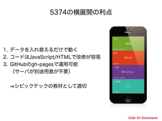5374の横展開の利点
1. データを入れ替えるだけで動く
2. コードはJavaScript/HTMLで改修が容易
3. GitHubのgh-pagesで運用可能 
（サーバが別途用意が不要） 
 
シビックテックの教材として適切
 