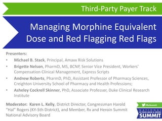 Managing Morphine Equivalent
Dose and Red Flagging Red Flags
Presenters:
• Michael B. Stack, Principal, Amaxx Risk Solutions
• Brigette Nelson, PharmD, MS, BCNP, Senior Vice President, Workers'
Compensation Clinical Management, Express Scripts
• Andrew Roberts, PharmD, PhD, Assistant Professor of Pharmacy Sciences,
Creighton University School of Pharmacy and Health Professions;
• Asheley Cockrell Skinner, PhD, Associate Professor, Duke Clinical Research
Institute
Third-Party Payer Track
Moderator: Karen L. Kelly, District Director, Congressman Harold
“Hal” Rogers (KY-5th District), and Member, Rx and Heroin Summit
National Advisory Board
 
