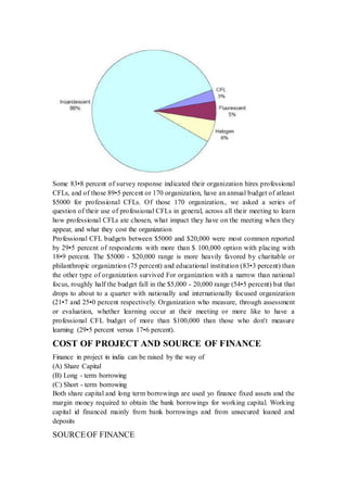 Some 83•8 percent of survey response indicated their organization hires professional 
CFLs, and of those 89•5 percent or 170 organization, have an annual budget of atleast 
$5000 for professional CFLs. Of those 170 organization., we asked a series of 
question of their use of professional CFLs in general, across all their meeting to learn 
how professional CFLs ate chosen, what impact they have on the meeting when they 
appear, and what they cost the organization 
Professional CFL budgets between $5000 and $20,000 were most common reported 
by 29•5 percent of respondents with more than $ 100,000 option with placing with 
18•9 percent. The $5000 - $20,000 range is more heavily favored by charitable or 
philanthropic organization (75 percent) and educational institution (83•3 percent) than 
the other type of organization survived For organization with a narrow than national 
focus, roughly half the budget fall in the $5,000 - 20,000 range (54•5 percent) but that 
drops to about to a quarter with nationally and internationally focused organization 
(21•7 and 25•0 percent respectively. Organization who measure, through assessment 
or evaluation, whether learning occur at their meeting or more like to have a 
professional CFL budget of more than $100,000 than those who don't measure 
learning (29•5 percent versus 17•6 percent). 
COST OF PROJECT AND SOURCE OF FINANCE 
Finance in project in india can be raised by the way of 
(A) Share Capital 
(B) Long - term borrowing 
(C) Short - term borrowing 
Both share capital and long term borrowings are used yo finance fixed assets and the 
margin money required to obtain the bank borrowings for working capital. Working 
capital id financed mainly from bank borrowings and from unsecured loaned and 
deposits 
SOURCE OF FINANCE 
 