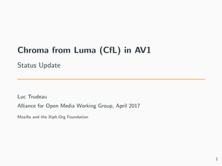 Chroma from Luma (CfL) in AV1
Status Update
Luc Trudeau
Alliance for Open Media Working Group, April 2017
Mozilla and the Xiph.Org Foundation
1
 