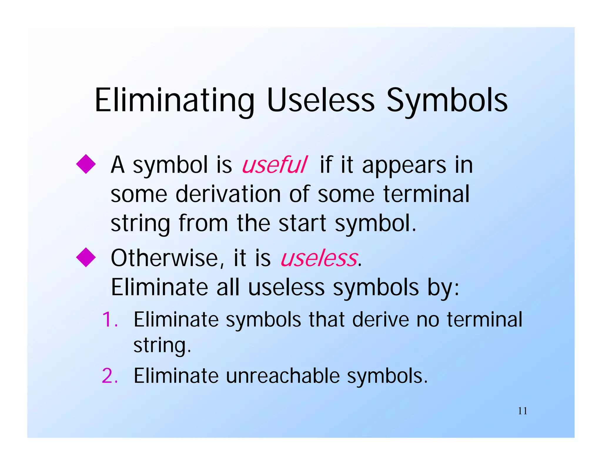 11
Eliminating Useless Symbols
 A symbol is useful if it appears in
some derivation of some terminal
string from the start symbol.
 Otherwise, it is useless.
Eliminate all useless symbols by:
1. Eliminate symbols that derive no terminal
string.
2. Eliminate unreachable symbols.
 