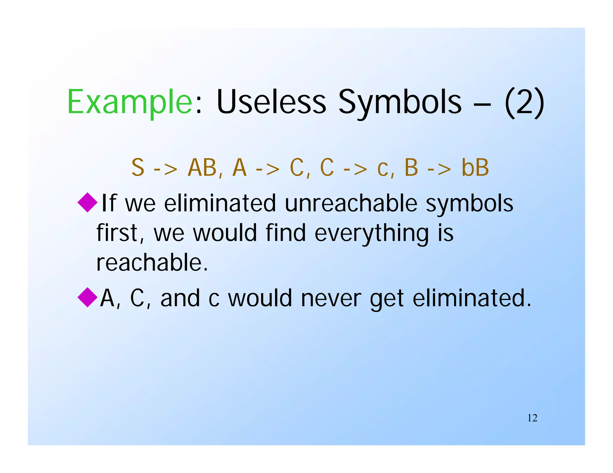 12
Example: Useless Symbols – (2)
S -> AB, A -> C, C -> c, B -> bB
If we eliminated unreachable symbols
first, we would find everything is
reachable.
A, C, and c would never get eliminated.
 