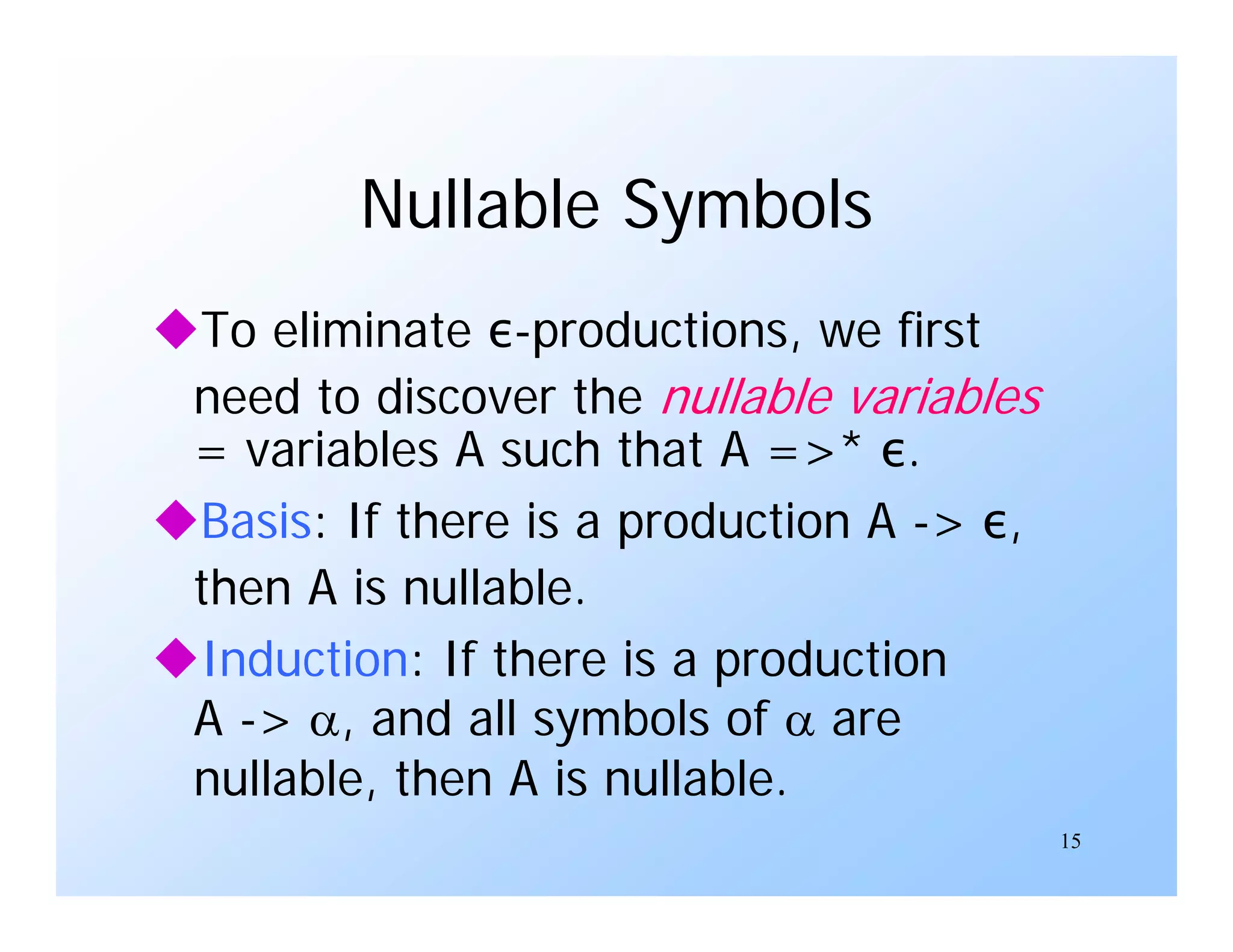 15
Nullable Symbols
To eliminate ε-productions, we first
need to discover the nullable variables
= variables A such that A =>* ε.
Basis: If there is a production A -> ε,
then A is nullable.
Induction: If there is a production
A -> , and all symbols of  are
nullable, then A is nullable.
 