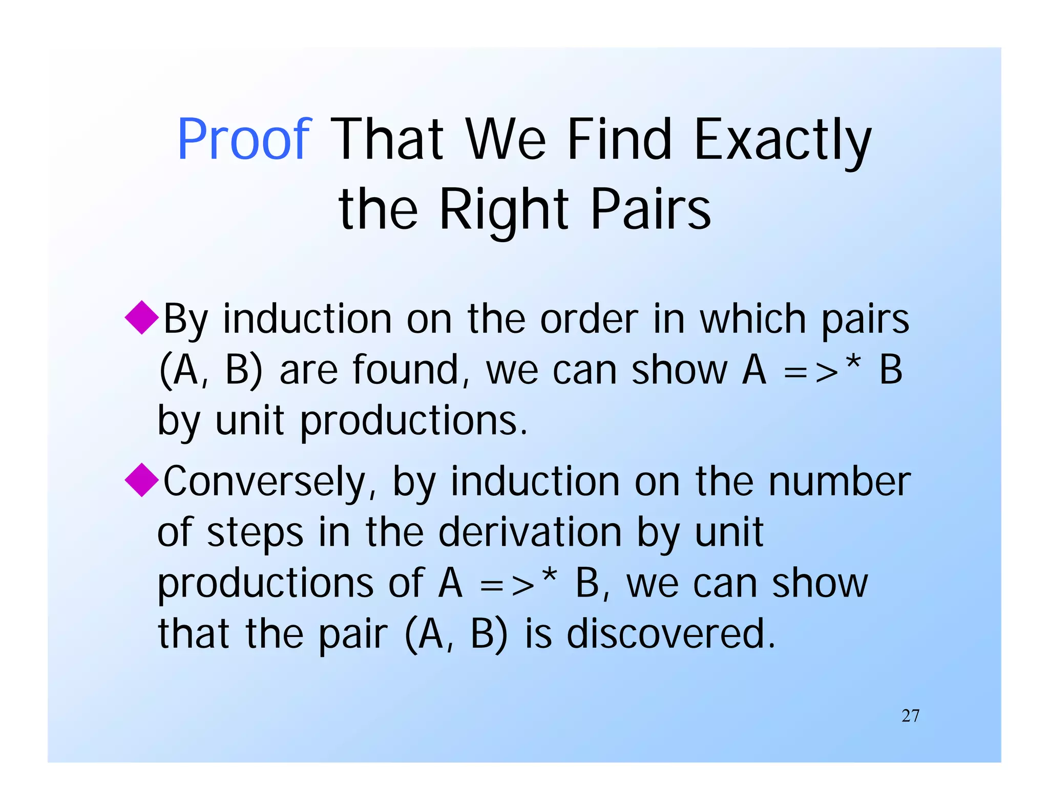 27
Proof That We Find Exactly
the Right Pairs
By induction on the order in which pairs
(A, B) are found, we can show A =>* B
by unit productions.
Conversely, by induction on the number
of steps in the derivation by unit
productions of A =>* B, we can show
that the pair (A, B) is discovered.
 