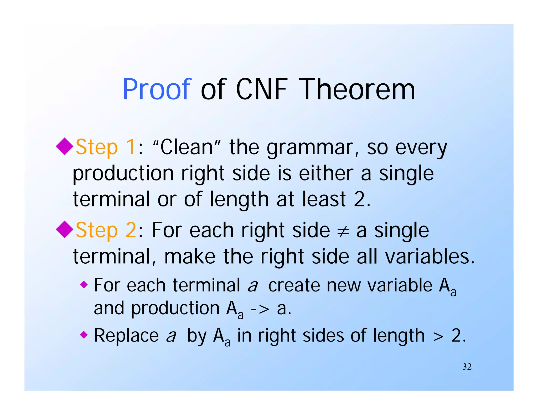 32
Proof of CNF Theorem
Step 1: “Clean” the grammar, so every
production right side is either a single
terminal or of length at least 2.
Step 2: For each right side  a single
terminal, make the right side all variables.
 For each terminal a create new variable Aa
and production Aa -> a.
 Replace a by Aa in right sides of length > 2.
 