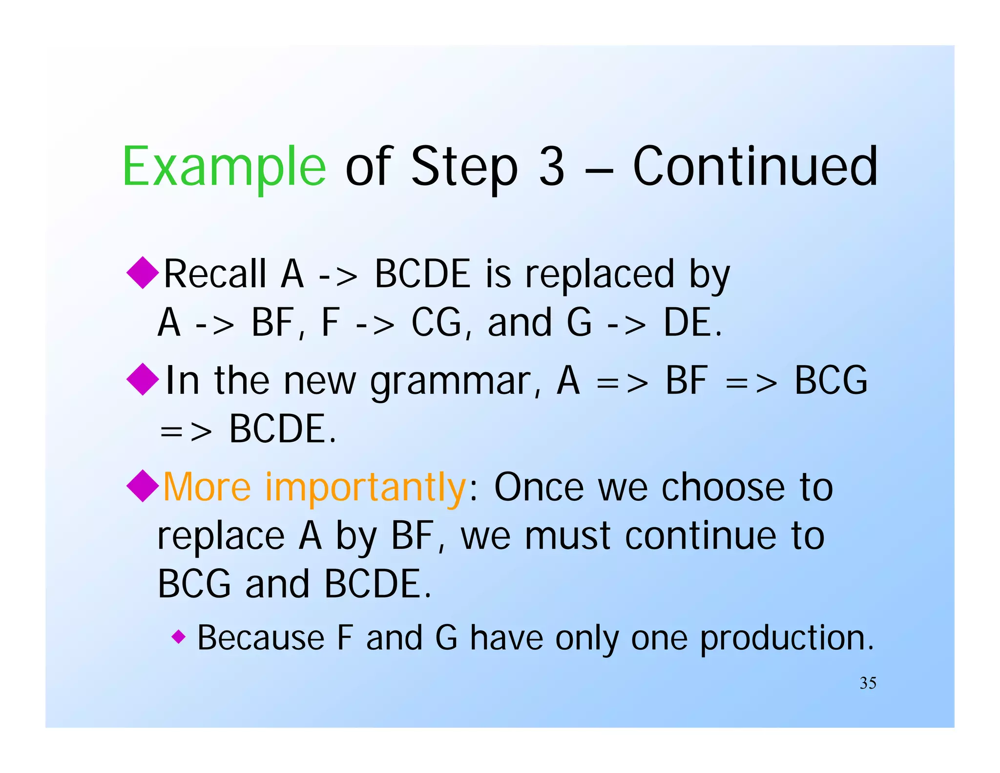 35
Example of Step 3 – Continued
Recall A -> BCDE is replaced by
A -> BF, F -> CG, and G -> DE.
In the new grammar, A => BF => BCG
=> BCDE.
More importantly: Once we choose to
replace A by BF, we must continue to
BCG and BCDE.
 Because F and G have only one production.
 