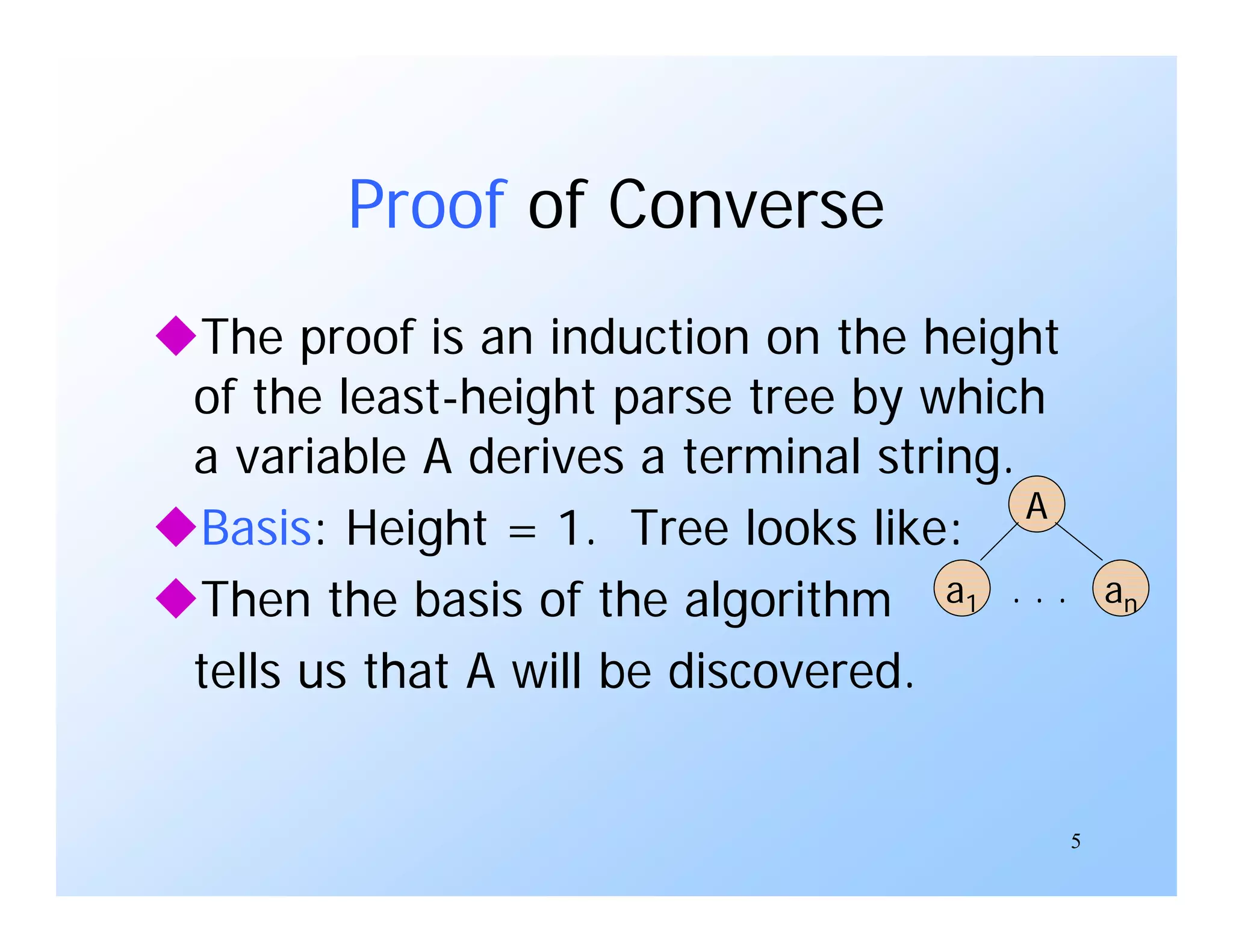 5
Proof of Converse
The proof is an induction on the height
of the least-height parse tree by which
a variable A derives a terminal string.
Basis: Height = 1. Tree looks like:
Then the basis of the algorithm
tells us that A will be discovered.
A
a1 an
. . .
 