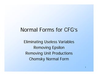 1
Normal Forms for CFG’s
Eliminating Useless Variables
Removing Epsilon
Removing Unit Productions
Chomsky Normal Form
 