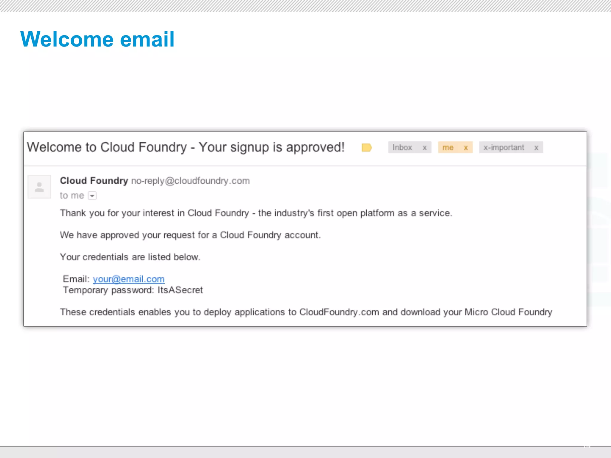 Welcome email




                CONFIDENTIAL
                               14
 