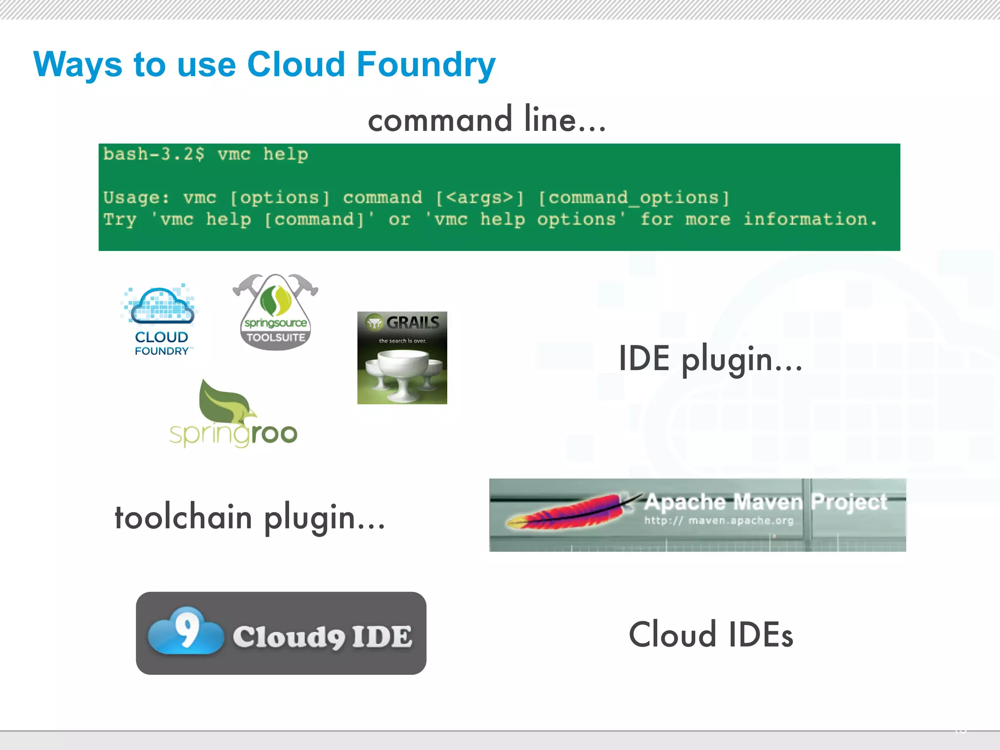 Ways to use Cloud Foundry
                     command line...




                                         IDE plugin...



    toolchain plugin...


                                         Cloud IDEs

                          CONFIDENTIAL
                                                         15
 