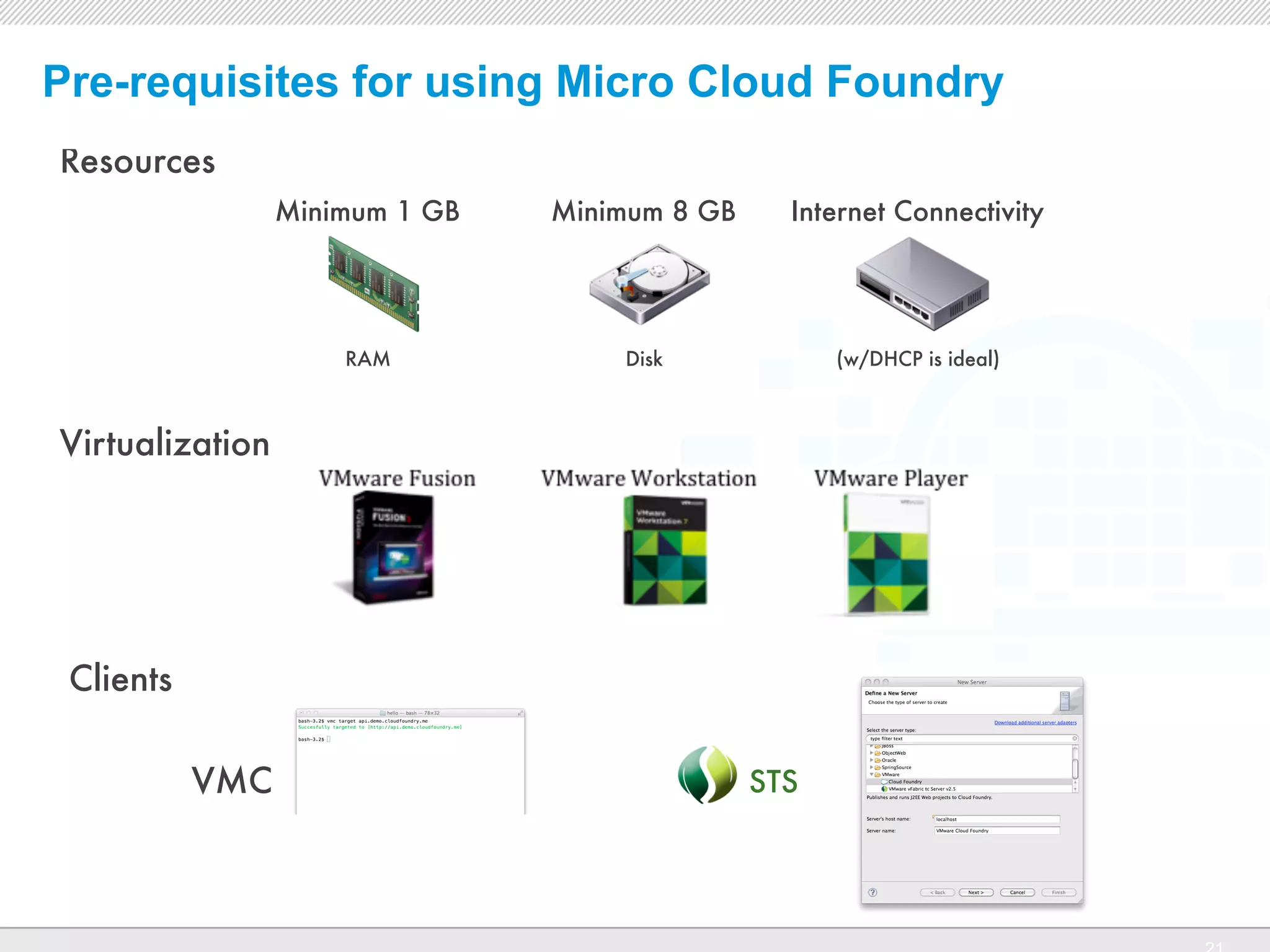 Pre-requisites for using Micro Cloud Foundry
Resources
                 Minimum 1 GB   Minimum 8 GB       Internet Connectivity




                     RAM              Disk             (w/DHCP is ideal)



Virtualization




 Clients

           VMC                                   STS


                                  CONFIDENTIAL
 