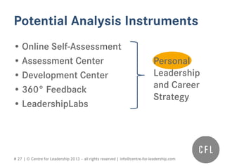 # 27 | © Centre for Leadership 2013 – all rights reserved | info@centre-for-leadership.com
• Online Self-Assessment
• Assessment Center
• Development Center
• 360° Feedback
• LeadershipLabs
Potential Analysis Instruments
Personal
Leadership
and Career
Strategy
 