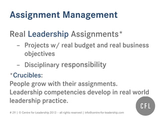 # 29 | © Centre for Leadership 2013 – all rights reserved | info@centre-for-leadership.com
Assignment Management
Real Leadership Assignments*
– Projects w/ real budget and real business
objectives
– Disciplinary responsibility
*Crucibles:
People grow with their assignments.
Leadership competencies develop in real world
leadership practice.
 