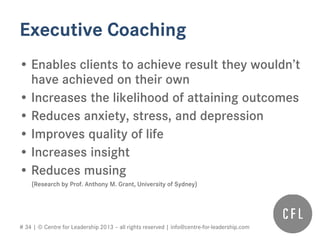# 34 | © Centre for Leadership 2013 – all rights reserved | info@centre-for-leadership.com
Executive Coaching
• Enables clients to achieve result they wouldn’t
have achieved on their own
• Increases the likelihood of attaining outcomes
• Reduces anxiety, stress, and depression
• Improves quality of life
• Increases insight
• Reduces musing
(Research by Prof. Anthony M. Grant, University of Sydney)
 