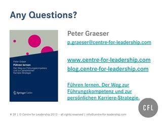 # 39 | © Centre for Leadership 2013 – all rights reserved | info@centre-for-leadership.com
Any Questions?
Peter Graeser
p.graeser@centre-for-leadership.com
www.centre-for-leadership.com
blog.centre-for-leadership.com
Führen lernen. Der Weg zur
Führungskompetenz und zur
persönlichen Karriere-Strategie.
 