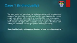 Case 1 (Individually)
You are a leader of a committee that seeks to create a youth empowerment
program. Your committee is made up of a wide range of people; the younger
people want to begin with research to understand the need among young
people, while the older people think it is a waste of time and pressure you to
move forward with a plan. This causes the young people to threaten to walk
out of your committee. The two groups start meeting separately.
How should a leader address this situation to keep committee together?
 