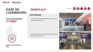 Nos projets
STRATÉGIE
PROJETS
INVESTISSEMENT
171 MIO
GARE DE
LUXEMBOURG
SOUTERRAINS
− Souterrain Sud prolongé de 46 m et aura
une largeur de 13 m
− Souterrain Nord prolongé de 46 m et aura
une largeur de 7,5 m
QUAIS 5 et 6
TIMING PROVISOIRE
2021
 