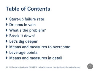 # 2 | © Centre for Leadership 2013-2014 – all rights reserved | service@centre-for-leadership.com
Table of Contents
 Start-up failure rate
 Dreams in vain
 What’s the problem?
 Break it down!
 Let’s dig deeper
 Means and measures to overcome
 Leverage points
 Means and measures in detail
 