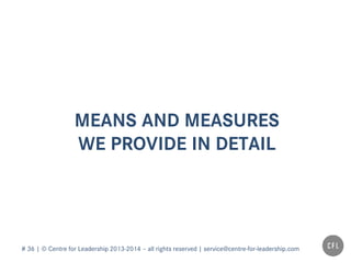 # 36 | © Centre for Leadership 2013-2014 – all rights reserved | service@centre-for-leadership.com
MEANS AND MEASURES
WE PROVIDE IN DETAIL
 