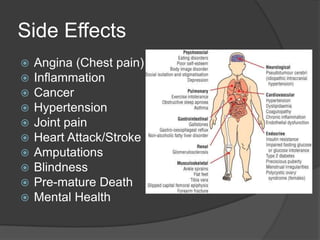 Side Effects
   Angina (Chest pain)
   Inflammation
   Cancer
   Hypertension
   Joint pain
   Heart Attack/Stroke
   Amputations
   Blindness
   Pre-mature Death
   Mental Health
 