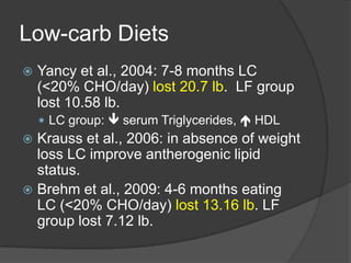 Low-carb Diets
   Yancy et al., 2004: 7-8 months LC
    (<20% CHO/day) lost 20.7 lb. LF group
    lost 10.58 lb.
     LC group:  serum Triglycerides,  HDL
 Krauss et al., 2006: in absence of weight
  loss LC improve antherogenic lipid
  status.
 Brehm et al., 2009: 4-6 months eating
  LC (<20% CHO/day) lost 13.16 lb. LF
  group lost 7.12 lb.
 