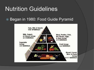 Nutrition Guidelines
   Began in 1980: Food Guide Pyramid
 