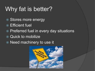 Why fat is better?
 Stores more energy
 Efficient fuel
 Preferred fuel in every day situations
 Quick to mobilize
 Need machinery to use it
 