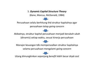 5. Dynamic Capital Structure Theory
              (Kane, Marcus, McDonald, 1984)

  Perusahaan selalu berhitung thd struktur kapitalnya agar
             perusahaan tetap going concern

Akibatnya, struktur kapital perusahaan menjadi berubah-ubah
      (dinamis) setiap waktu, sesuai kinerja perusahaan

 Manajer keuangan tdk mempersoalkan struktur kapitalnya
      selama perusahaan mengalami going concern

Utang dimungkinkan sepanjang benefit lebih besar drpd cost
 