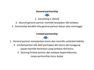 General partnership

                      1. Everything is shared
     2. Seluruh general partner memiliki kewajiban tdk terbatas
 3. Partnership berakhir bila general partner keluar atau meninggal

                        Limited partnership

1. General partner menjalankan bisnis dan memiliki unlimited liability
   2. Limited partner tdk aktif partisipasi dlm bisnis dan tanggung
          jawab memiliki kontribusi yang terbatas thd bisnis
       3. Seorang limited partner dpt melepas kepemilikannya
                    tanpa partnership harus bubar
 