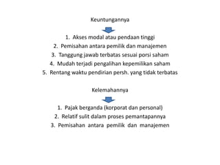 Keuntungannya

        1. Akses modal atau pendaan tinggi
    2. Pemisahan antara pemilik dan manajemen
   3. Tanggung jawab terbatas sesuai porsi saham
   4. Mudah terjadi pengalihan kepemilikan saham
5. Rentang waktu pendirian persh. yang tidak terbatas

                   Kelemahannya

      1. Pajak berganda (korporat dan personal)
    2. Relatif sulit dalam proses pemantapannya
   3. Pemisahan antara pemilik dan manajemen
 