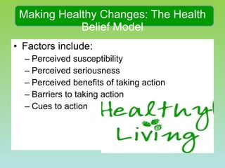 Making Healthy Changes: The Health Belief Model Factors include: Perceived susceptibility Perceived seriousness Perceived benefits of taking action Barriers to taking action Cues to action 