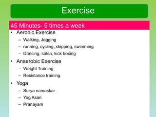 Exercise Aerobic Exercise Walking, Jogging running, cycling, skipping, swimming Dancing, salsa, kick boxing Anaerobic Exercise Weight Training Resistance training Yoga Surya namaskar Yog Asan Pranayam 45 Minutes- 5 times a week 