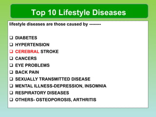 lifestyle diseases are those caused by -------- DIABETES HYPERTENSION CEREBRAL  STROKE CANCERS EYE PROBLEMS BACK PAIN SEXUALLY TRANSMITTED DISEASE MENTAL ILLNESS-DEPRESSION, INSOMNIA RESPIRATORY DISEASES OTHERS- OSTEOPOROSIS, ARTHRITIS Top 10 Lifestyle Diseases 