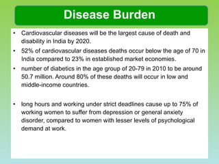 Disease Burden Cardiovascular diseases will be the largest cause of death and disability in India by 2020. 52% of cardiovascular diseases deaths occur below the age of 70 in India compared to 23% in established market economies. number of diabetics in the age group of 20-79 in 2010 to be around 50.7 million. Around 80% of these deaths will occur in low and middle-income countries. long hours and working under strict deadlines cause up to 75% of working women to suffer from depression or general anxiety disorder, compared to women with lesser levels of psychological demand at work. 