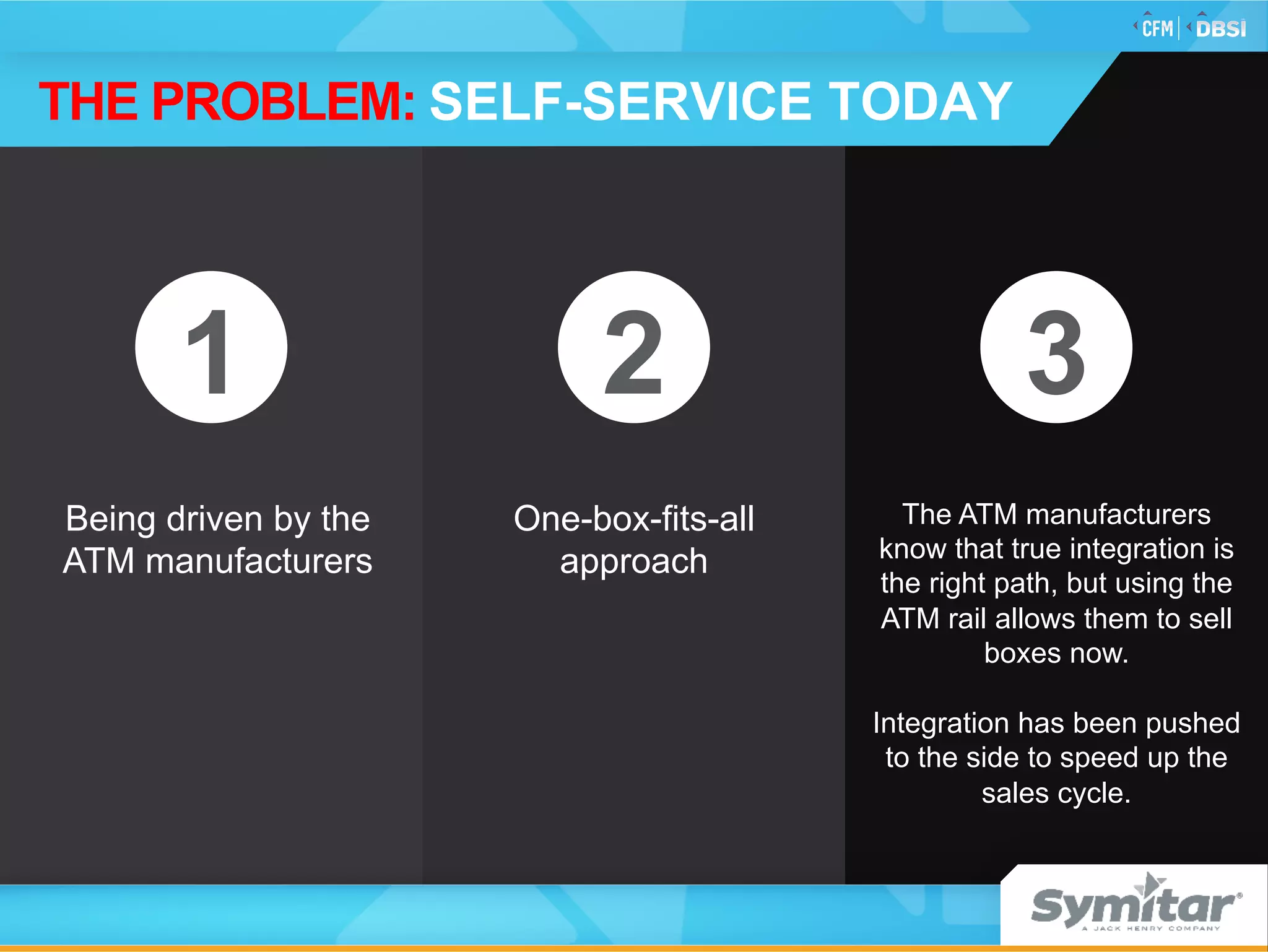 Being driven by the
ATM manufacturers
The ATM manufacturers
know that true integration is
the right path, but using the
ATM rail allows them to sell
boxes now.
Integration has been pushed
to the side to speed up the
sales cycle.
One-box-fits-all
approach
1 32
THE PROBLEM: SELF-SERVICE TODAY
 