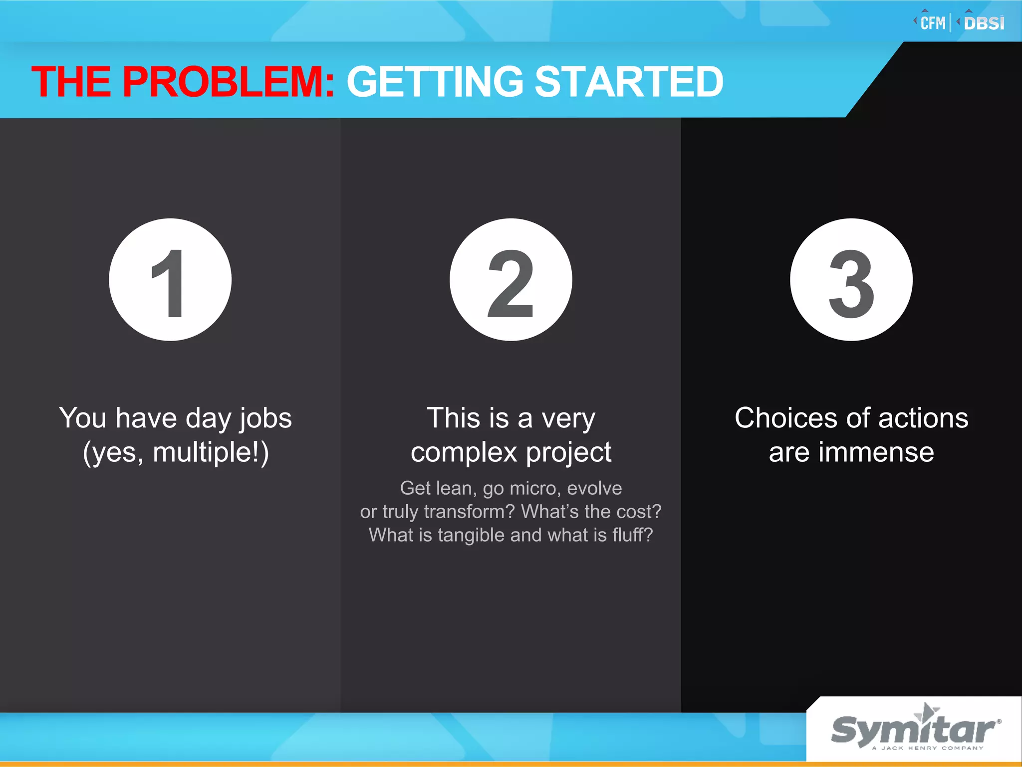 You have day jobs
(yes, multiple!)
Choices of actions
are immense
This is a very
complex project
Get lean, go micro, evolve
or truly transform? What’s the cost?
What is tangible and what is fluff?
1 32
THE PROBLEM: GETTING STARTED
 