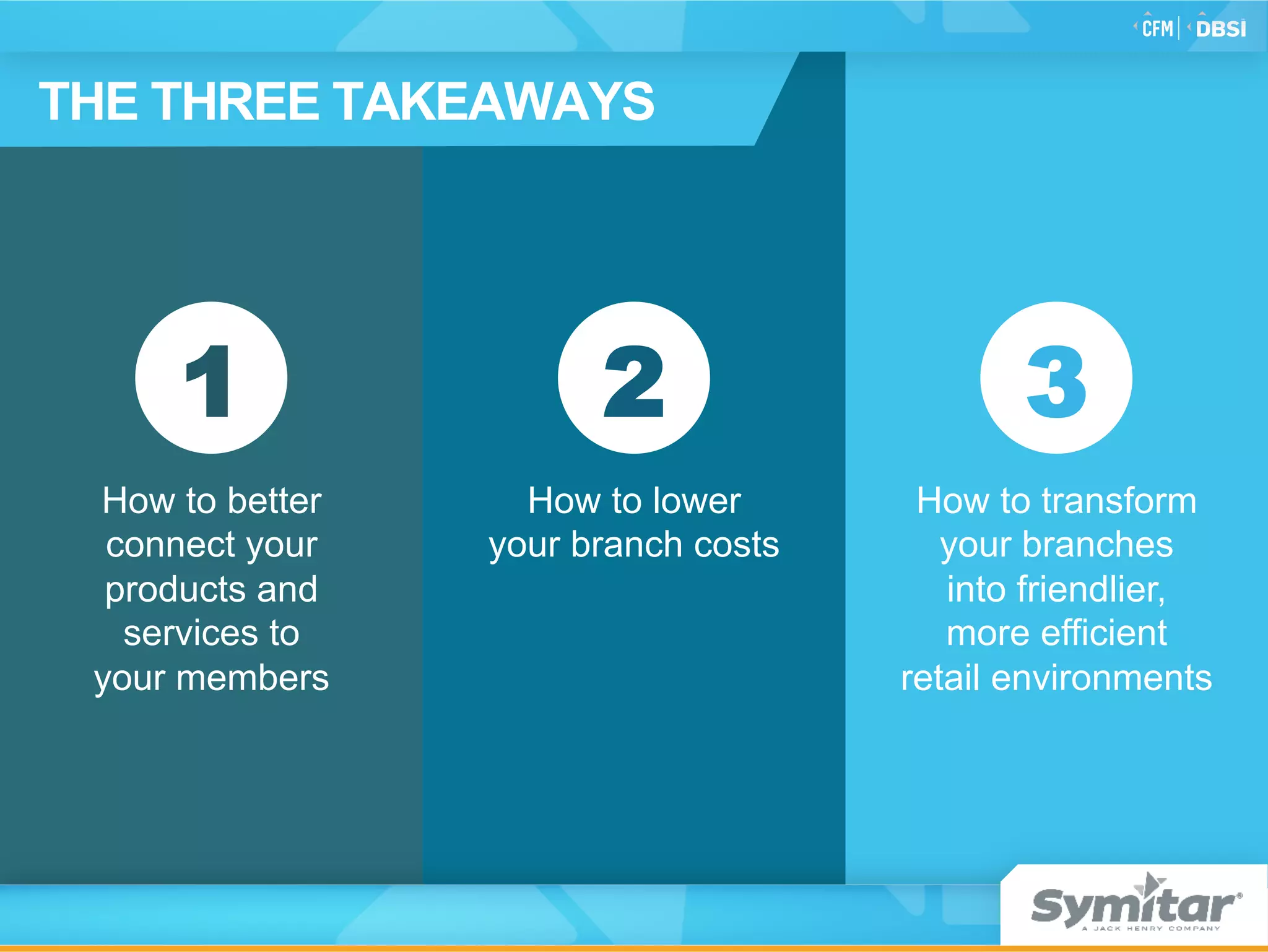 © 2015 Jack Henry & Associates, Inc.®
How to better
connect your
products and
services to
your members
How to transform
your branches
into friendlier,
more efficient
retail environments
How to lower
your branch costs
1 32
THE THREE TAKEAWAYS
 