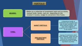 • Refers to a collection of investment tools such as stocks,
mutual funds, bonds, cash etc. depending on the
investor’s income, budget & convenient time frame.
MEANING-
TYPES-
MARKET PORTFOLIO-
A theoretical bundle of
investments that includes every
type of asset available in the
world financial market, with
each asset weighted in
proportion to its total presence
in the market.
ZERO INVESTMENT
PORTFOLIO-
A group of investments which
when combined, create zero net
value. Such portfolios can be
achieved by simultaneously
purchasing securities & selling
equivalent securities.
 